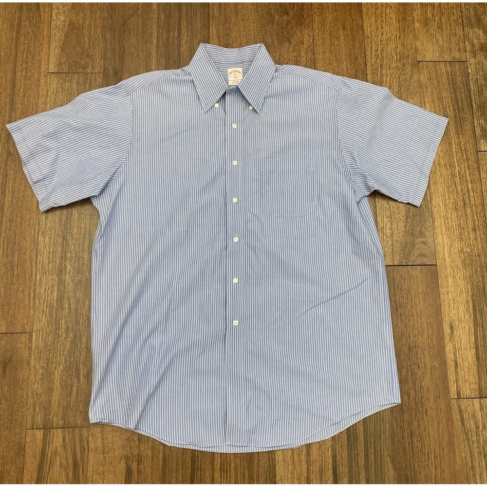 Brooks Brothers Madison Dress Shirt Blue Striped Short Sleeve Mens 16 1/2 - Picture 2 of 5